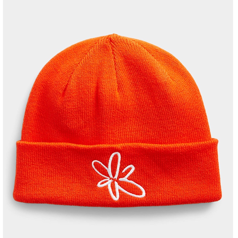 Obey orange and white embroidered flower tuque hat beanie NWT